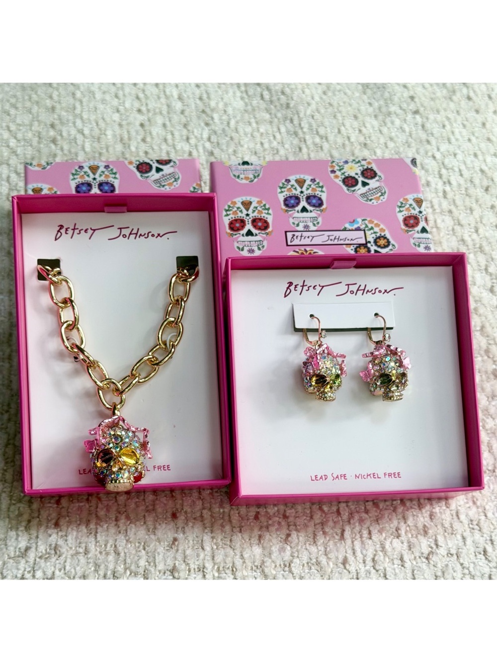 Betsey Johnson Sugar Skull Butterfly Necklace Earrings Chunky Jewelry Set NIB
